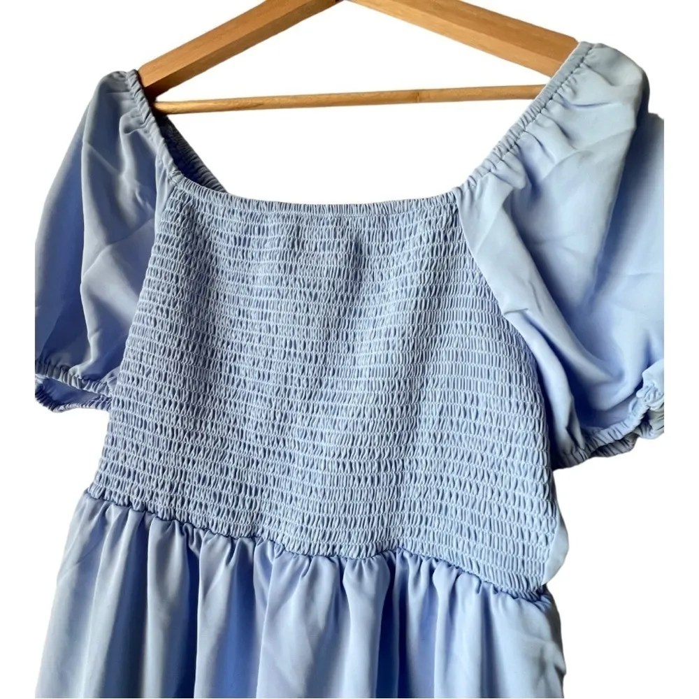 Women's Sky Blue puff sleeve Dress ruffles cascading midi smocked short Size M. - Image 5