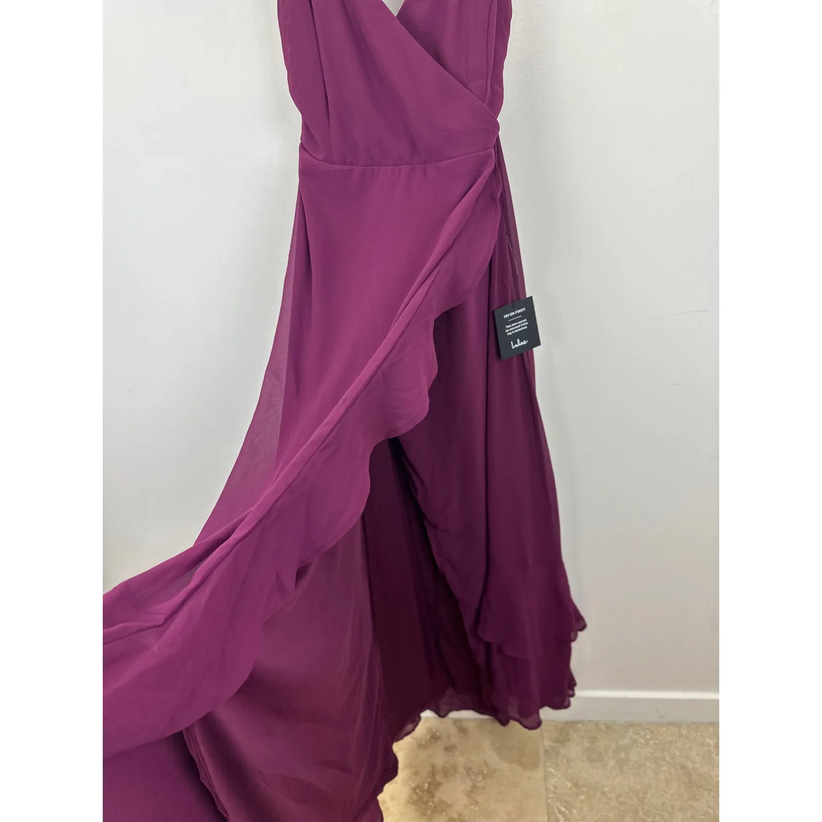 Lulus In Love Forever Plum Lace Up High Low Maxi Dress Ruffle Formal Large NWT - Image 13