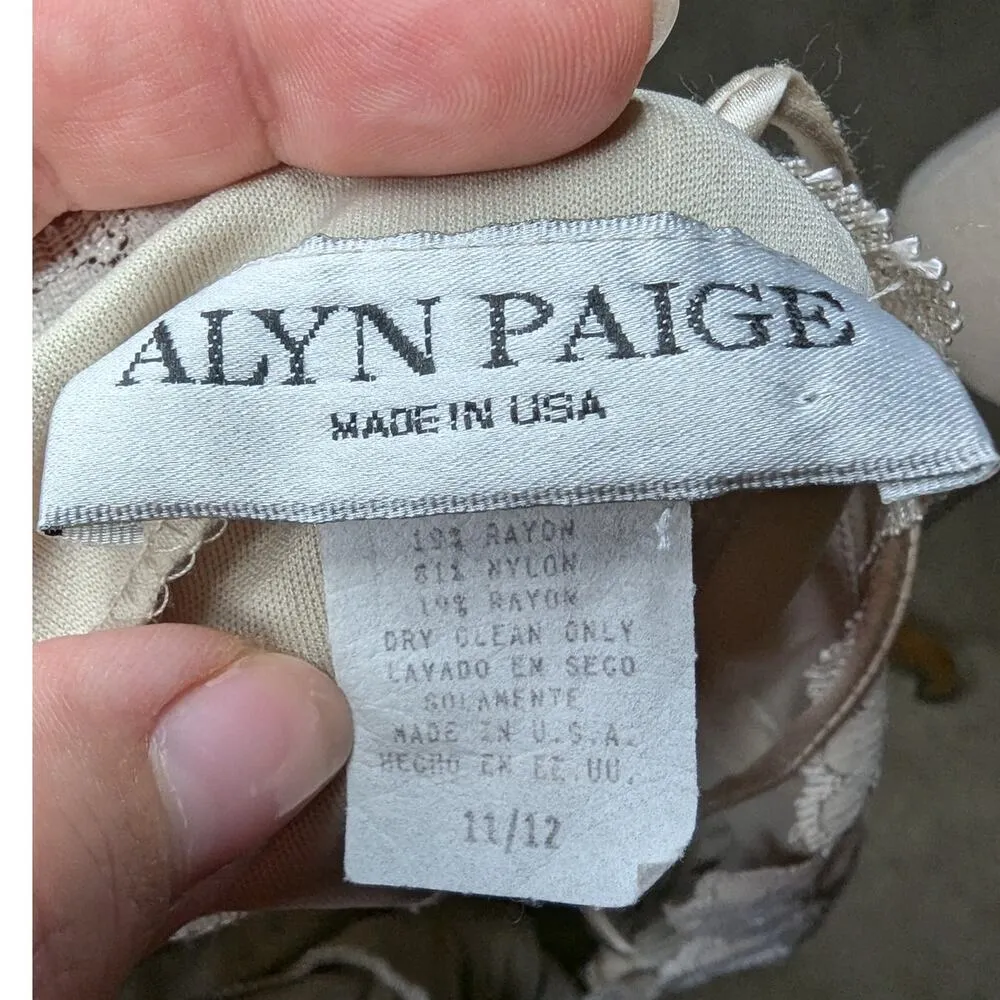 Vtg 1990s Alyn Paige Beige Floral Lace Spaghetti Strap Bodycon Mini Dress 11 12 - Image 4