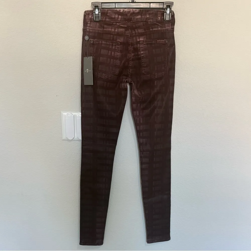 7 For All Mankind 7FAM Burgundy Plaid Laser Wax Coated Skinny Pants Jeans 26 NEW - Image 6