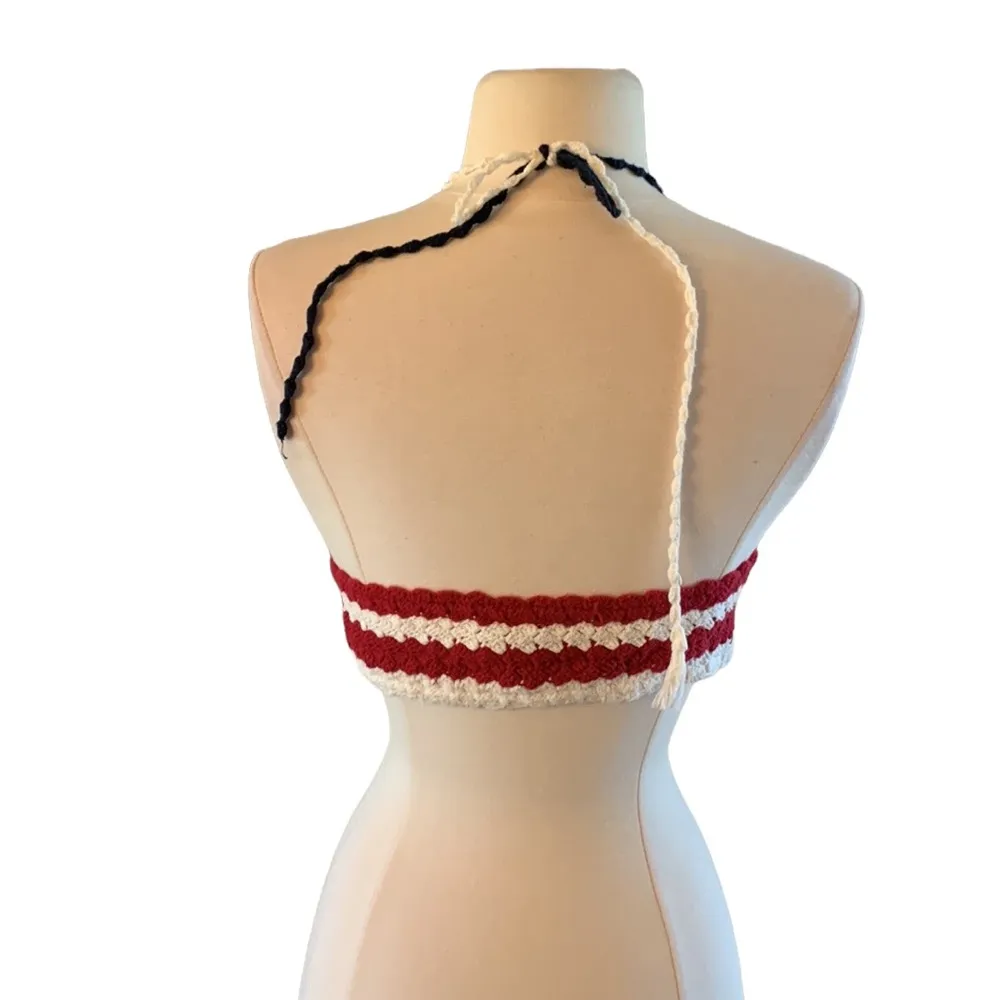 Halter crop Top Crochet America Womens L XL Red White Blue Shirt Patriotic - Image 10