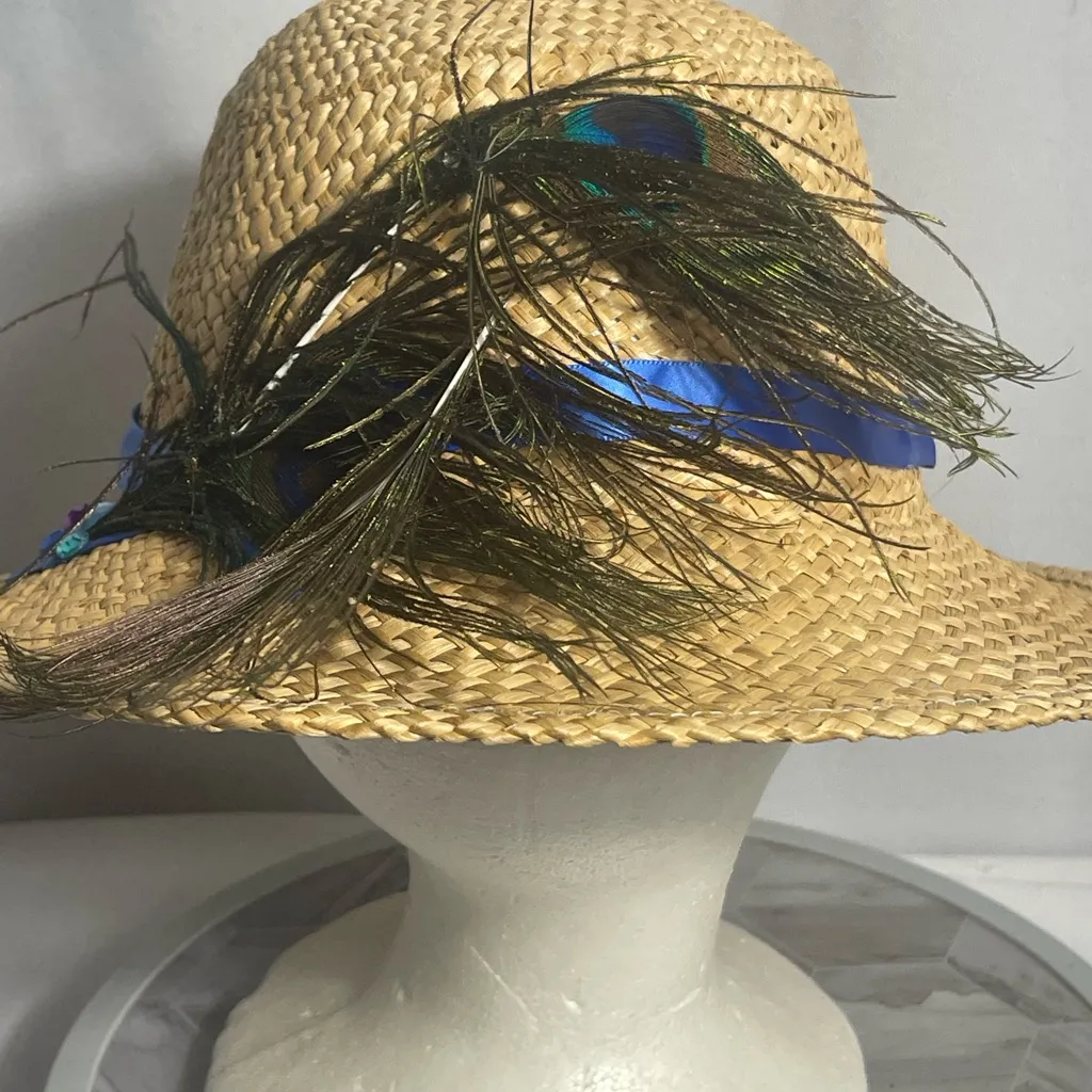 Vintage Straw Hat with Peacock Feather & Blue Ribbon Accent, Wide Brim Boho Tan - Image 2