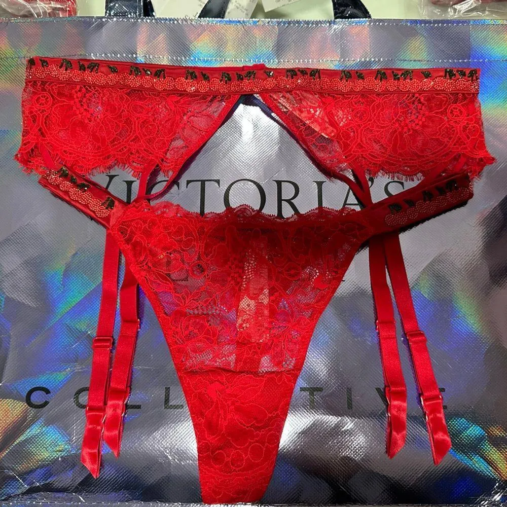 Victoria's Secret Cherry Red Shine Strap Lace Garter Belt and Thong - Image 5