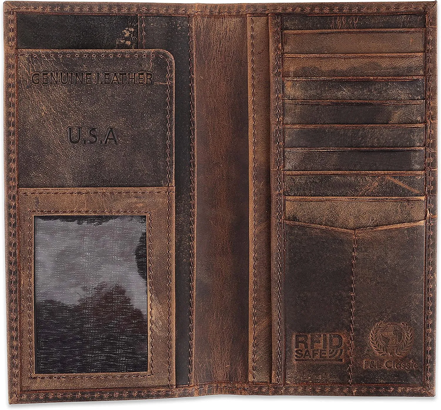 Men's Long RFID Vintage Look premium Genuine Leather Bifold Wallet Checkbook Wallets,buffalo vintage leather - Image 4