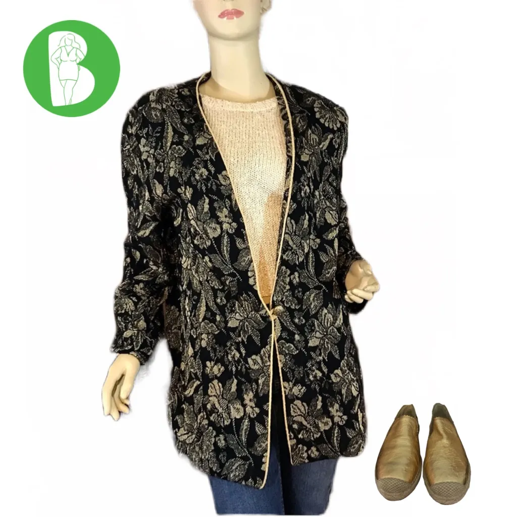 VINTAGE DONNKENNY BLACK & GOLD BROCADE 1980'S CARDIGAN (M) Size M - Image 2