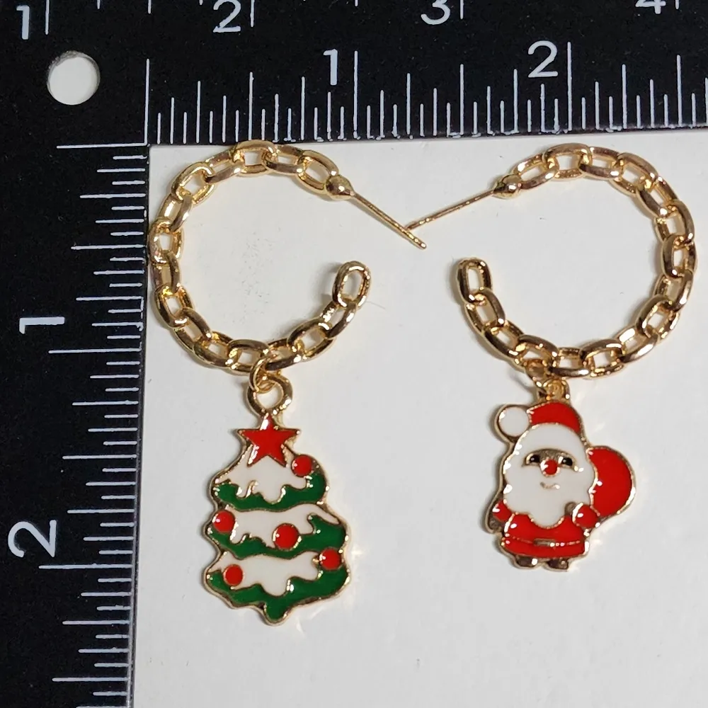 Christmas Gold Chain Santa Tree Earrings - Image 3