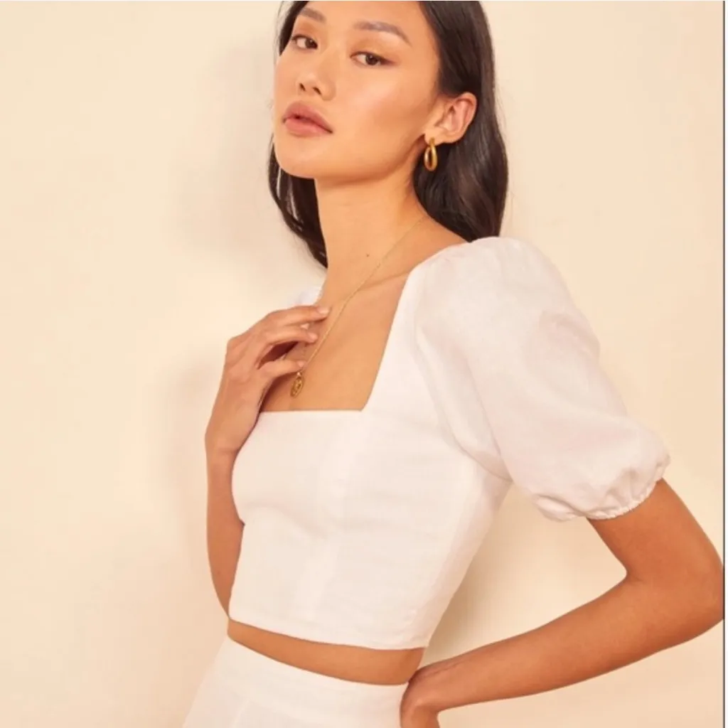 Reformation Yucca White Linen Square Neck Crop Top Puff Sleeves Size 12 Luxury - Image 3