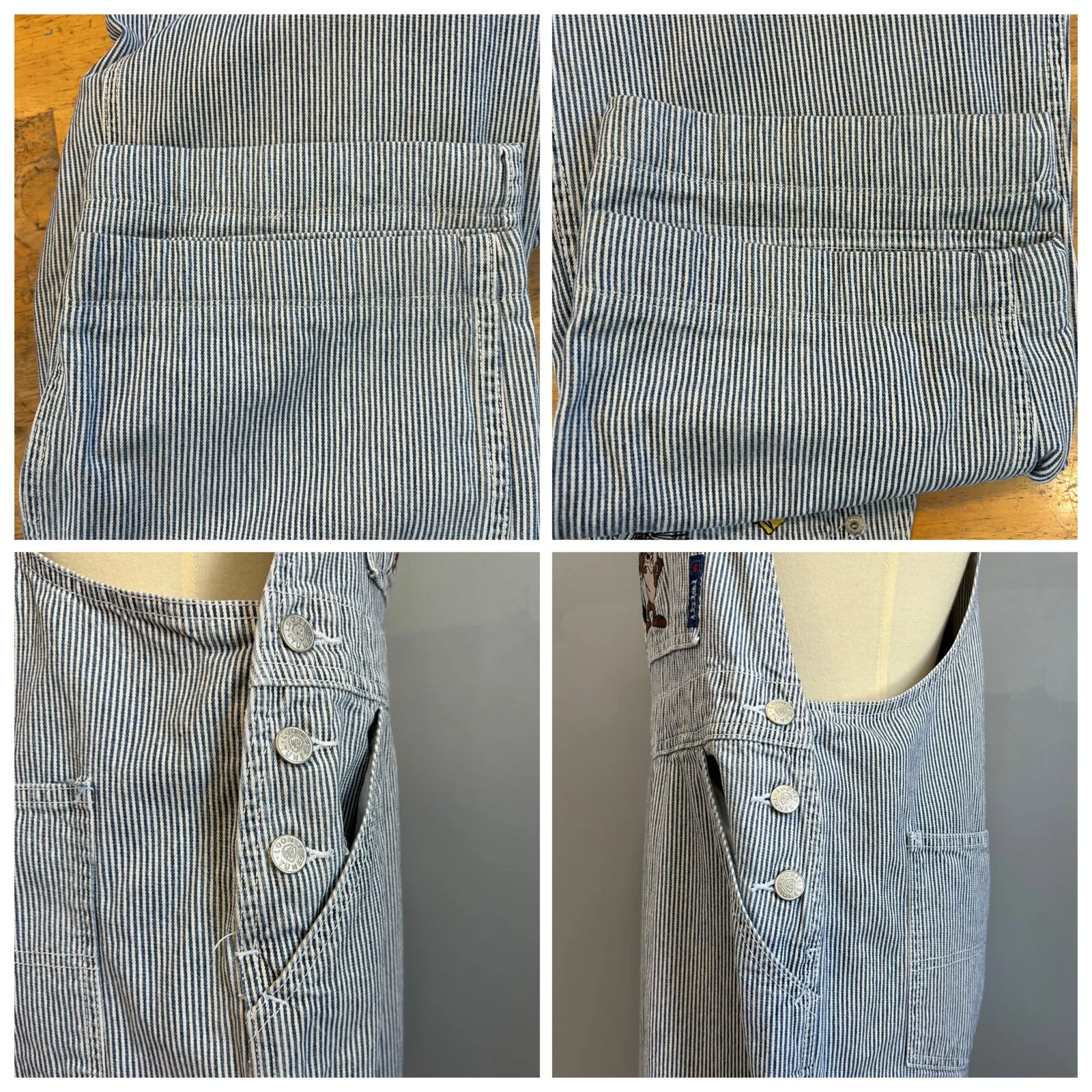 VTG 90s Warner Bros Looney Tunes Characters Pinstripe Overalls Denim, Size M - Image 6