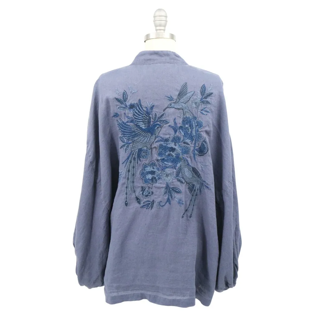 Sundance Linen Floral Bird Embroidered Boho Peasant Kimono Jacket Top Blue L - Image 5
