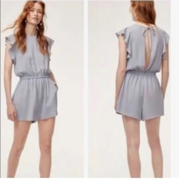 Wilfred Aritzia Fleurette Ruffle Sleeve Dust Blue Romper M - Image 2