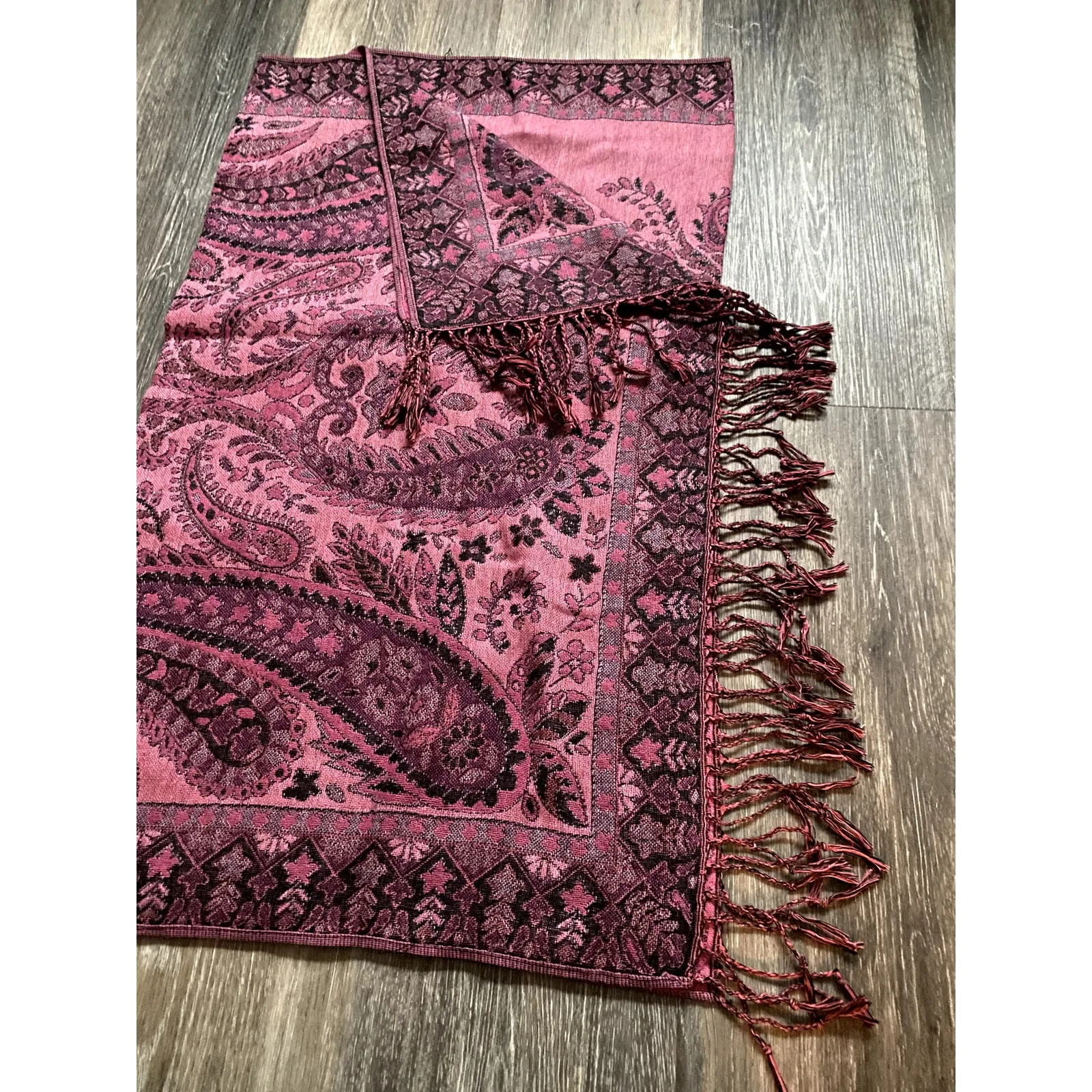 Boho Tasseled Paisley Pink Pashmina Scarf Gypsy Festival Fairy Long Layers Large - Image 2
