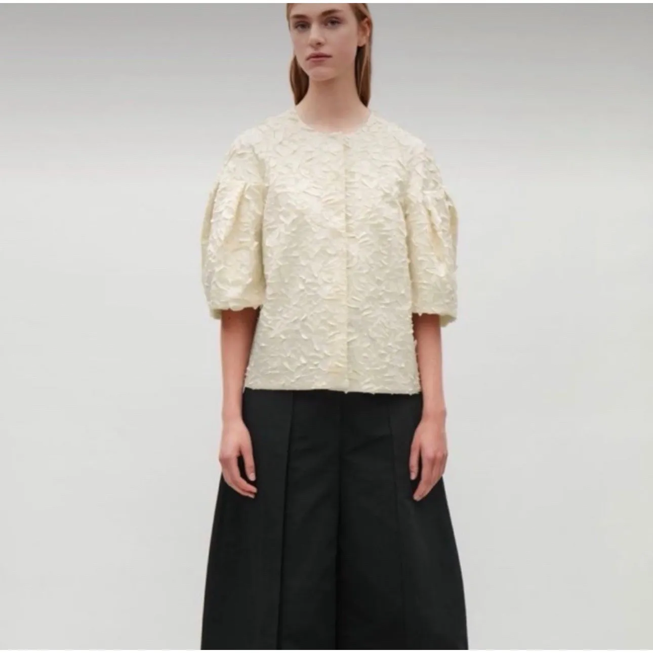 COS Women's Cotton Appliqué‎ 3D Puff 3/4 Sleeve Evening Jacket Sz 10 Snap Front - Image 2