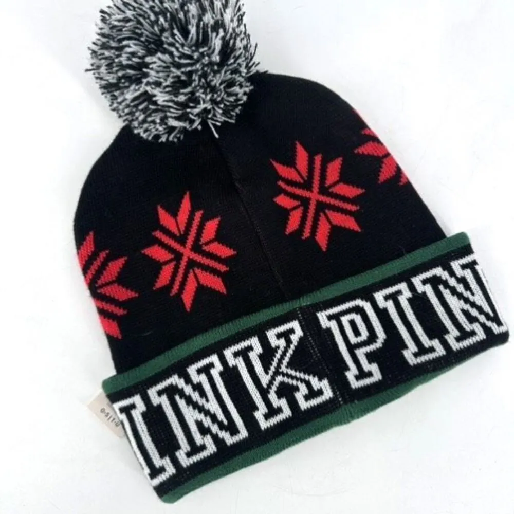 NWT VICTORIA'S SECRET PINK BLACK RED & GREEN POM POM‎ COZY BEANIE HAT ONE SIZE - Image 2