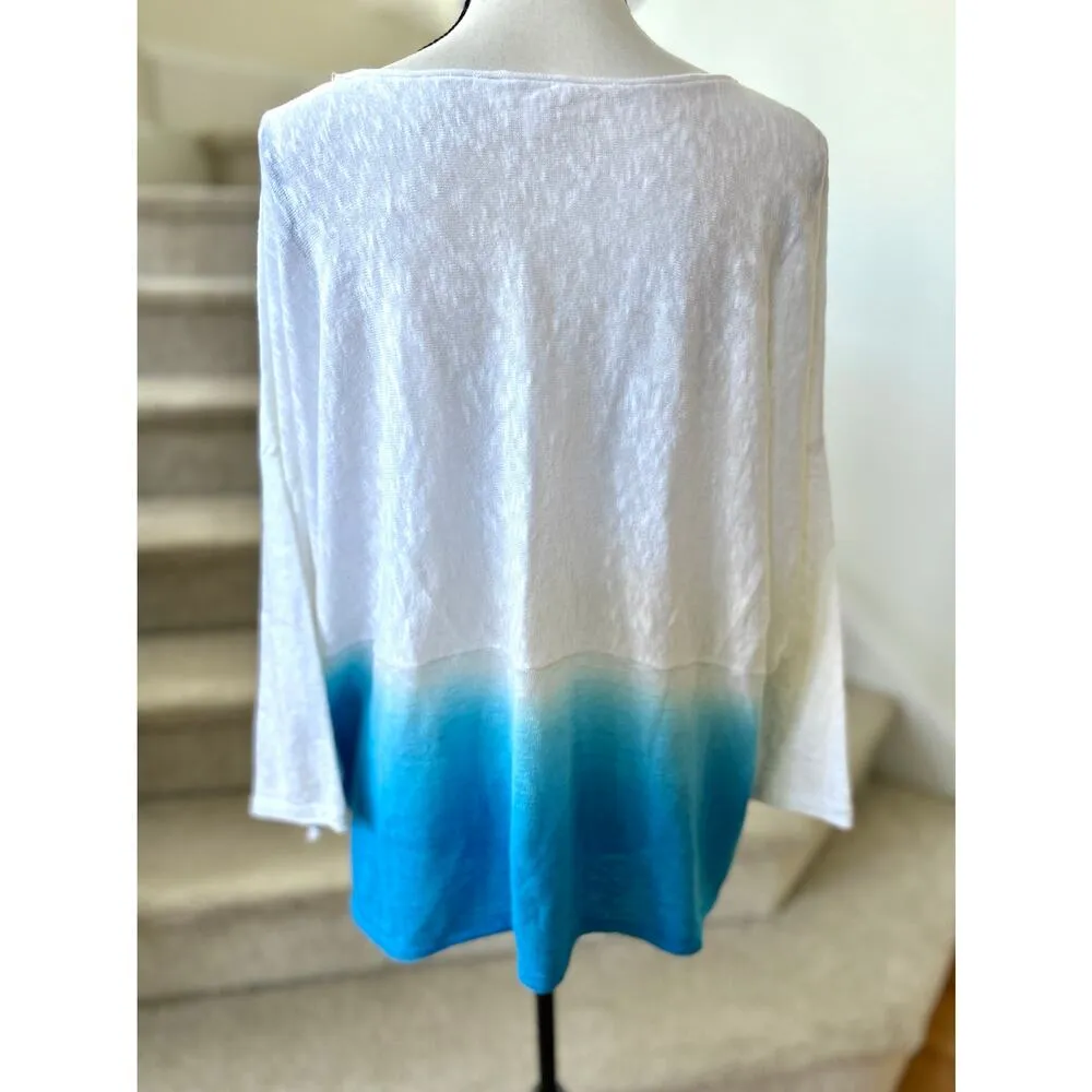 J.Jill White & Aqua Blue Ombre Dye Cotton Linen Draped Top - Image 3