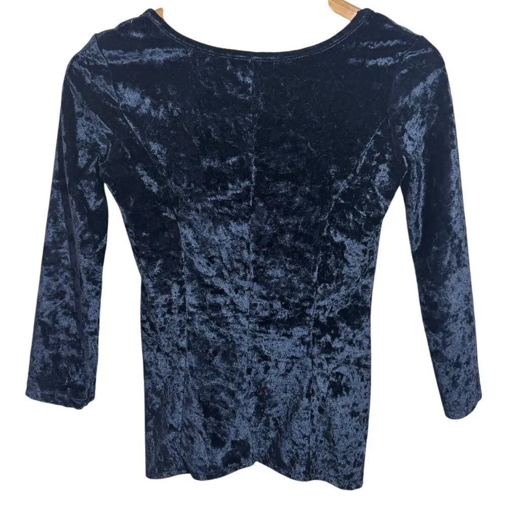 Vintage Y2K Top Women Size S Blue Velvet 3/4 Sleeve Stretch Fitted Bratz Witchy - Image 2