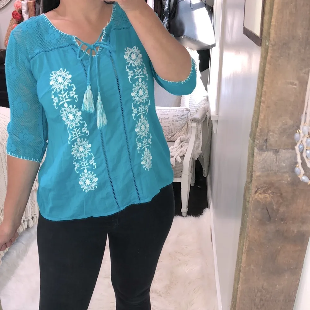 Bila small turquoise boho floral embroidered top Blue - Image 2