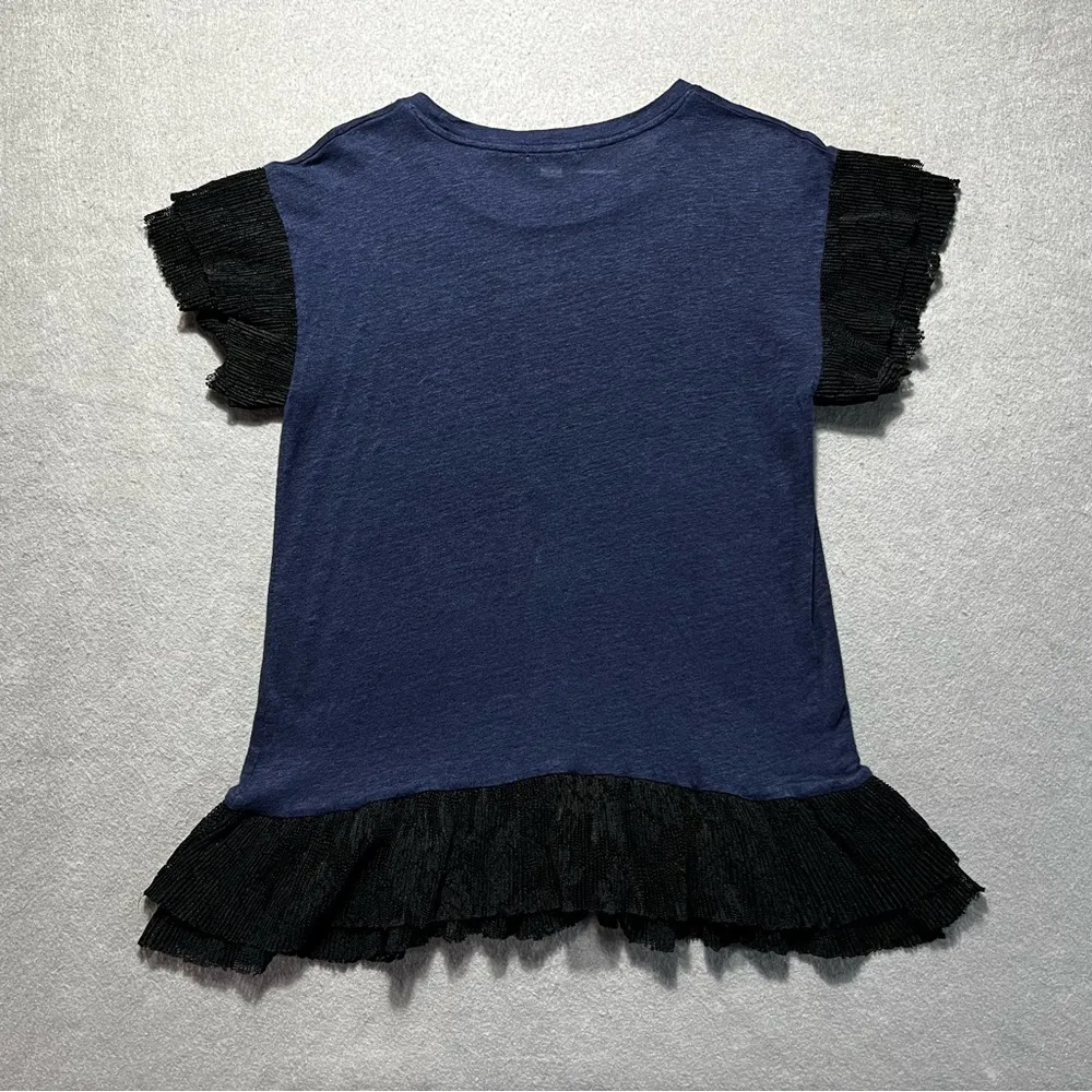Chelsea28 Women’s Top XS Blue Linen Black Ruffle Hem & Sleeves Lace Trim - Image 6