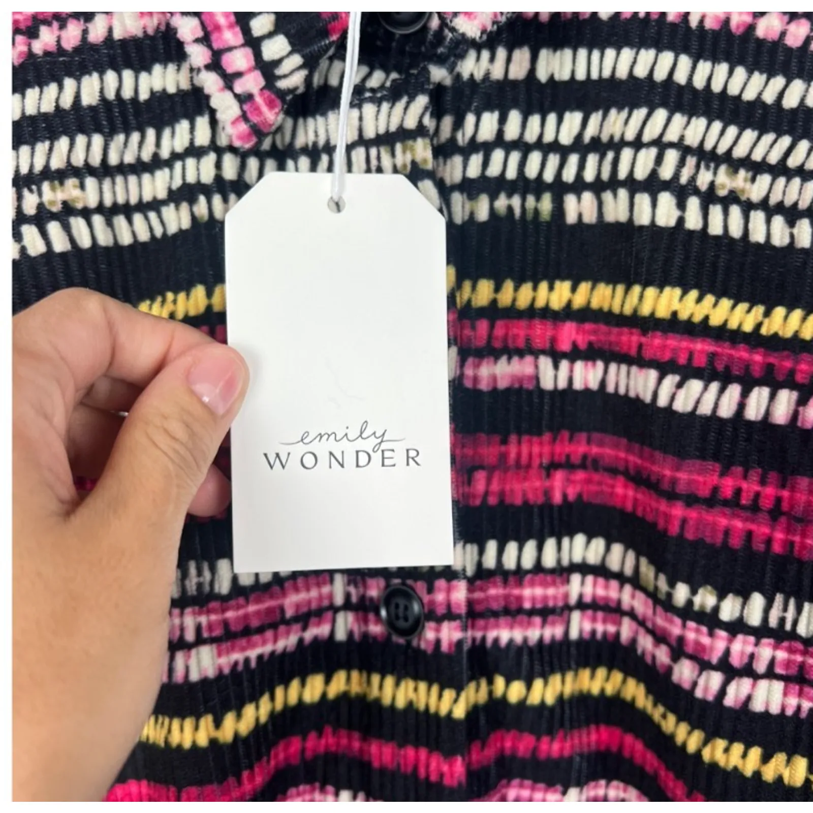 Emily Wonder Multicolor Ribbed Button up Shirt S Long Sleeve Collared Boho Retro - Image 3