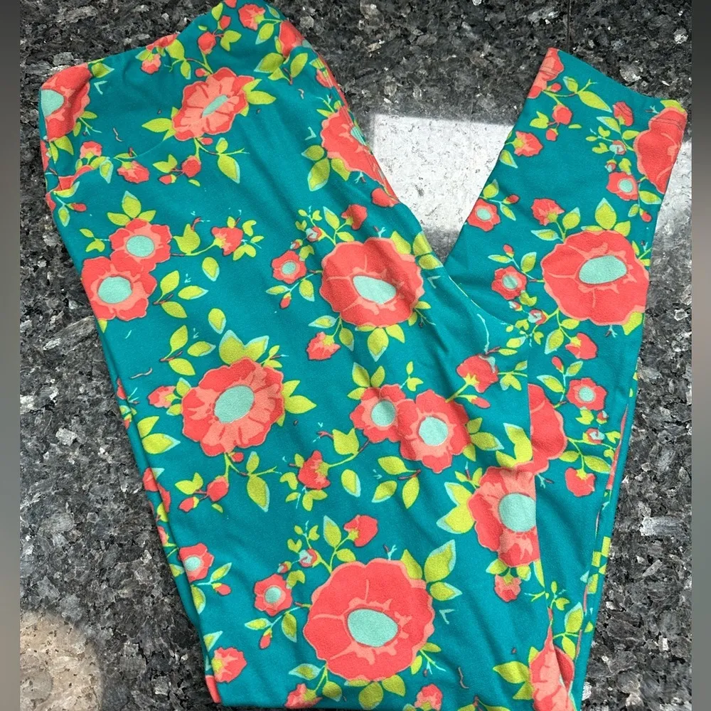 LuLaRoe Tall & Curvy TC Plus Size 1X Teal Blue Green Vibrant Floral Leggings - Image 10