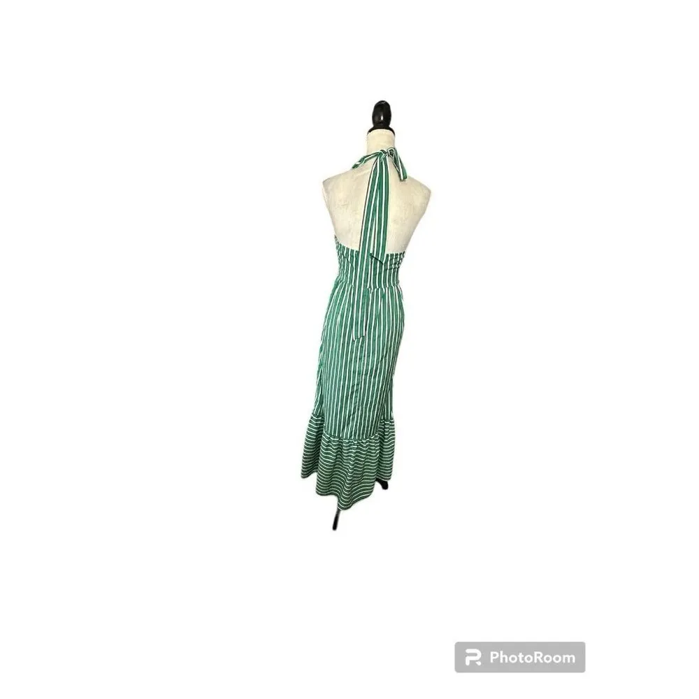 Jealous Tomato Halter Neck Maxi Dress Green Striped Open Back Ruffle Hem Sz S - Image 3