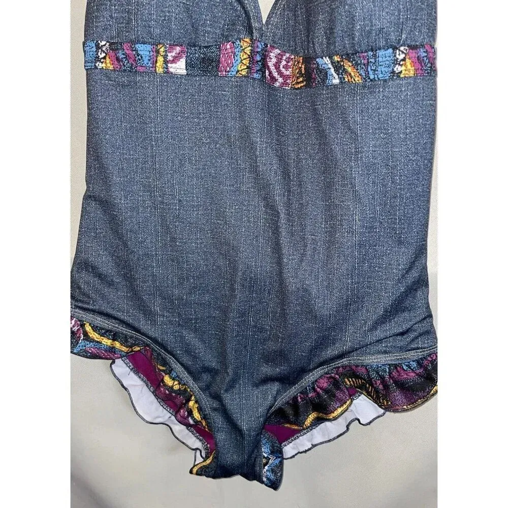 Coogi Size 16 One Piece Swimsuit Halter Top Denim Style‎ Colorful Ruffles Beach - Image 5