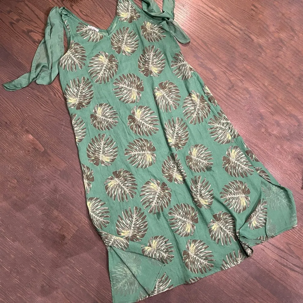 Cristina Vergani 100% Linen Tie Shoulder Palm Print Maxi Dress XL - Image 4