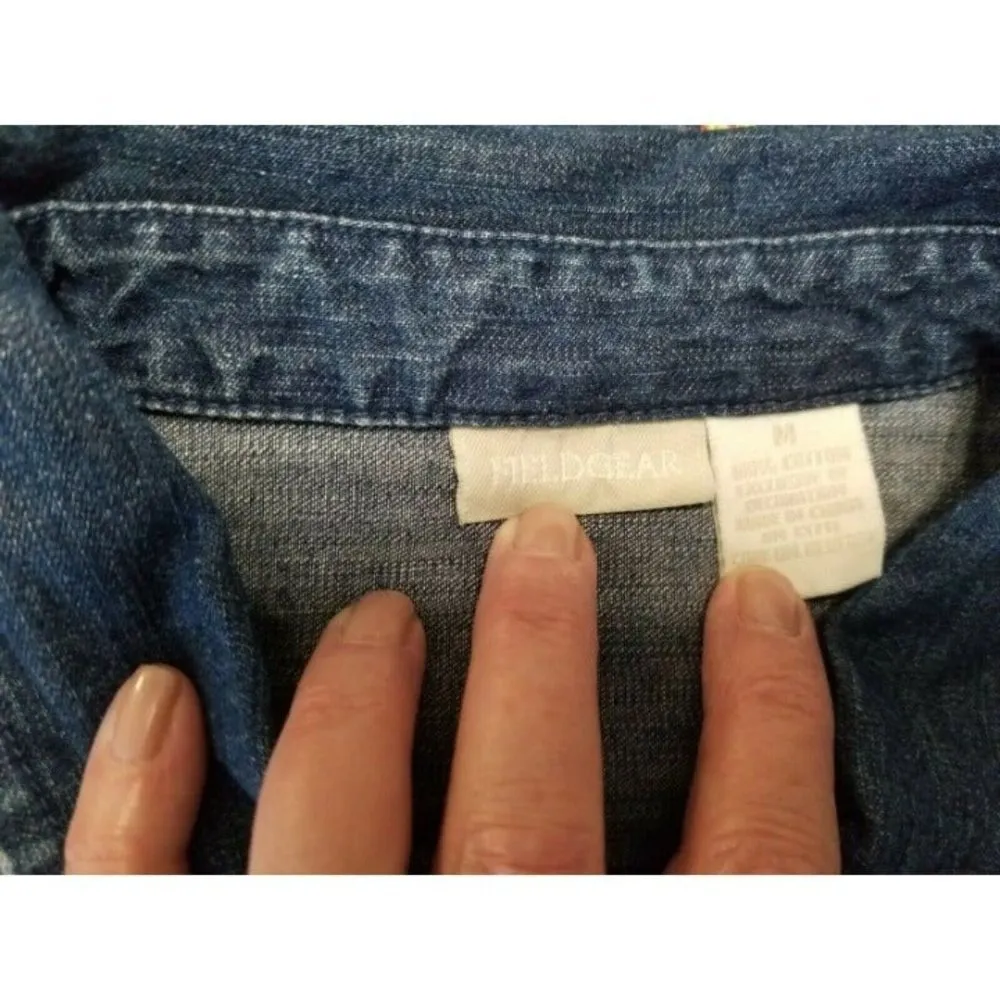 FIELDGEAR Womens Blue Denim Button Up Shirt Winter Christmas Theme Appliqués SzM Size M - Image 8