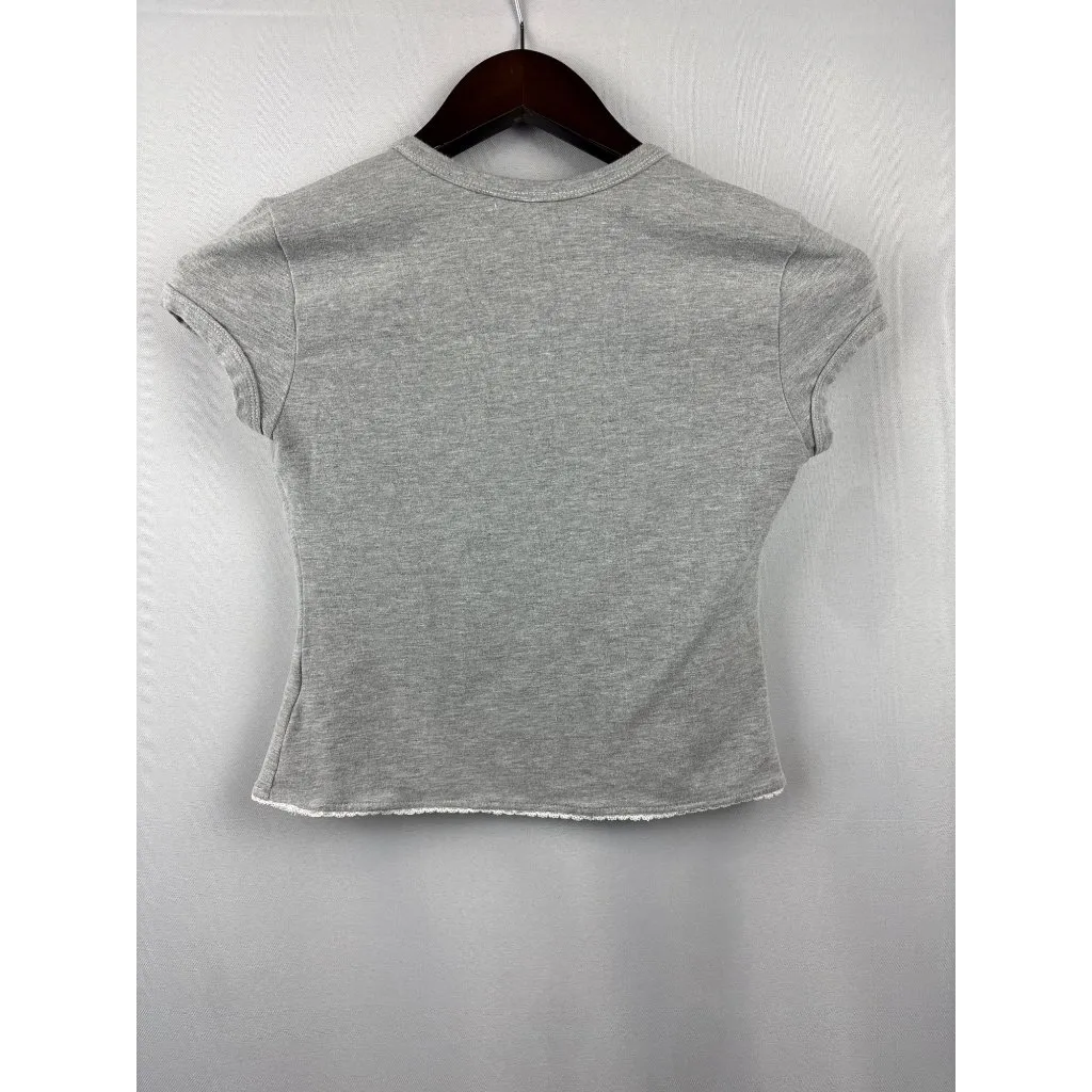 Women’s Frankie’s Bikinis Medium Light Grey Short Sleeve Crop Top w/ White Lace - Image 3