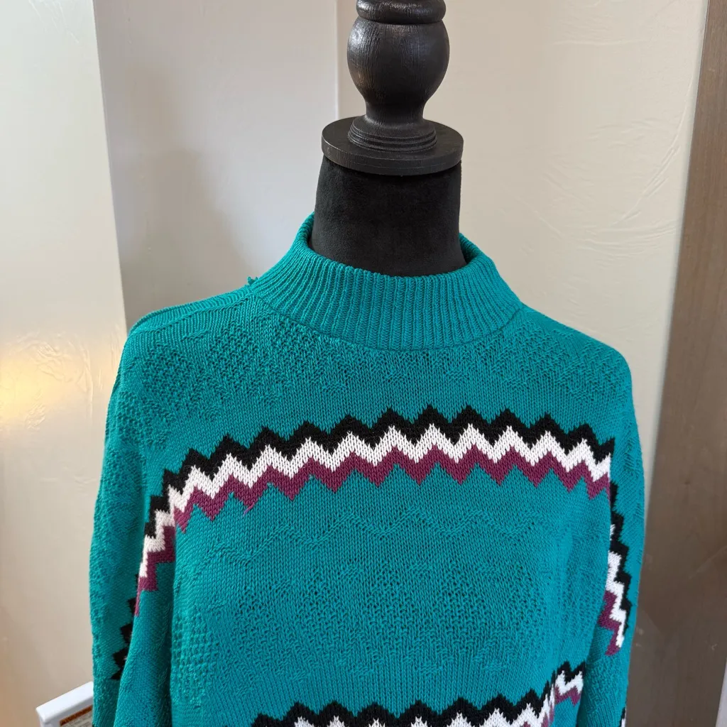 Vintage American Pride Mock Neck Turquoise Geometric‎ Stripe Knit Sweater Granny Blue Size undefined - Image 2