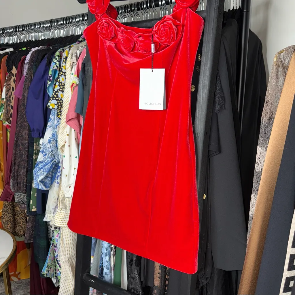 Avec Les Filles Rosette Red Off-the-Shoulder Velvet Minidress - Image 7