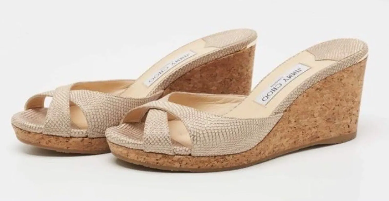 Jimmy Choo Gold Prima Cork Wedge Platform Sandal Slip On Heels US 7.5 EU 38 - Image 1