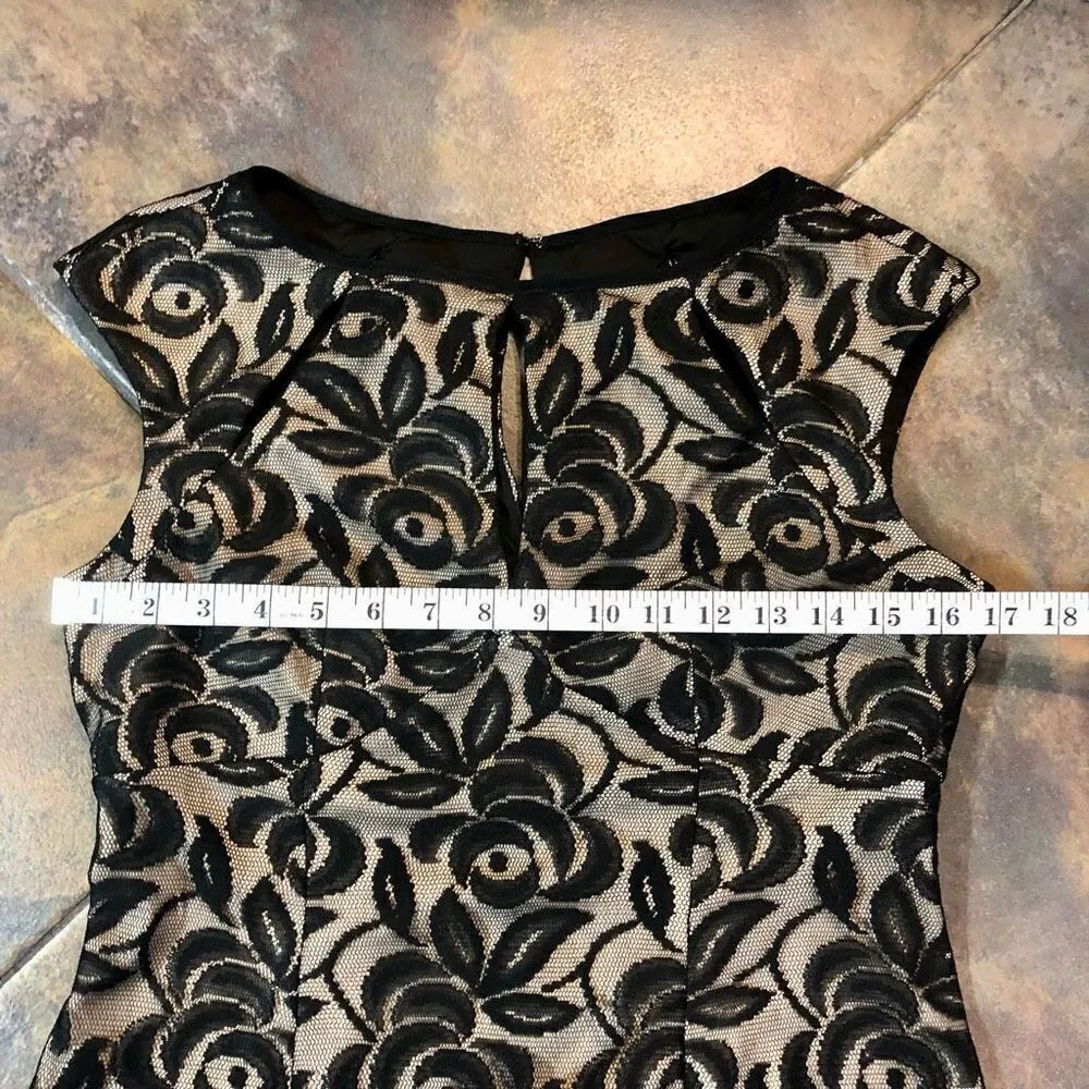 Maggie London Form Fitting Knee Length Black Lace Over Nude Lining Size 10 - Image 6