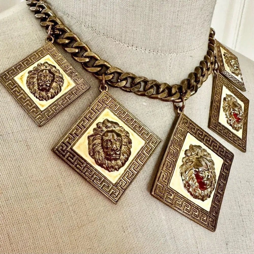 Vintage gold tone and cream multiple square Lion statement Necklace - Image 6