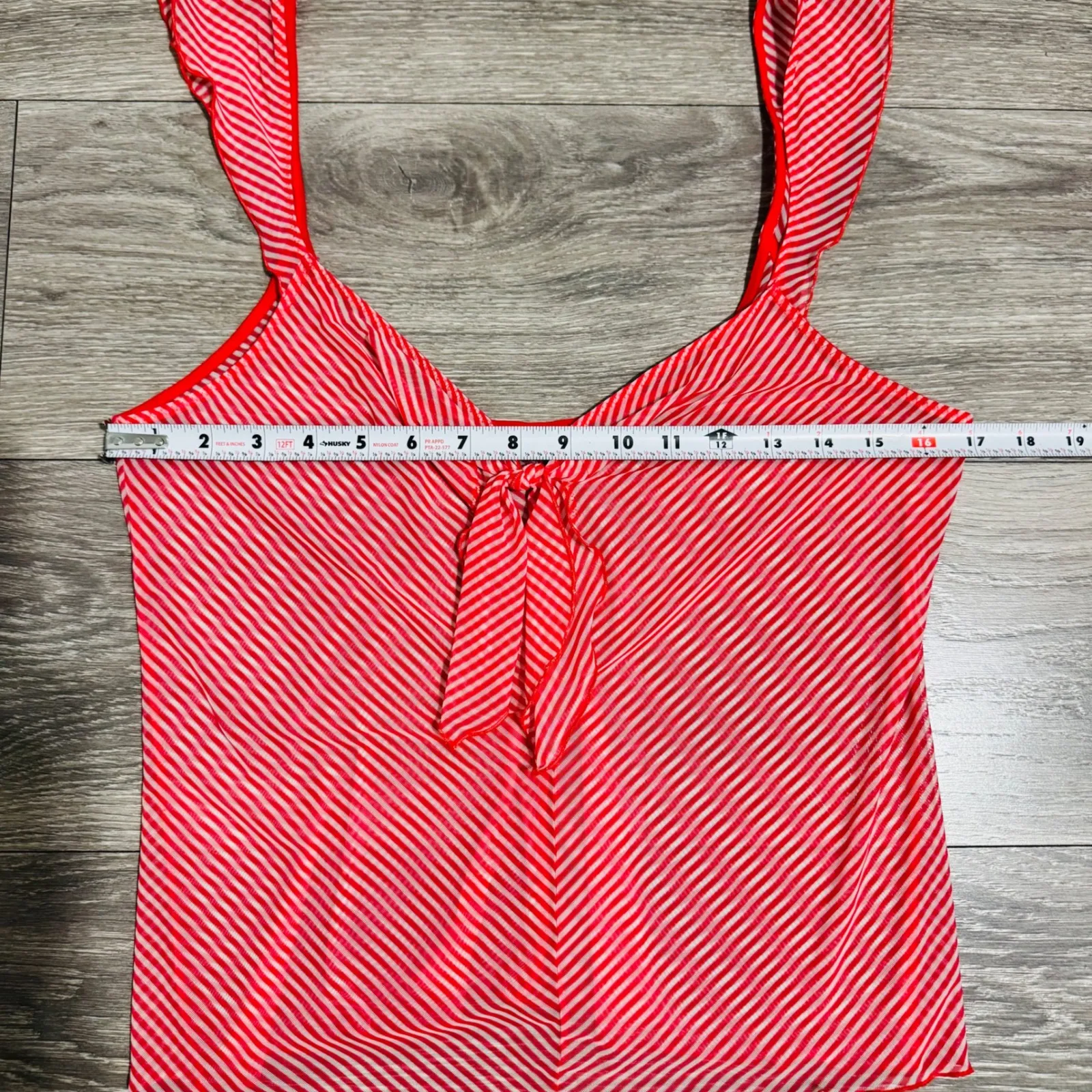 Y2K Sheer Red Stripe Tie Front Stretchy Tank Top Women Ruffle Strap Slinky Sz L Size L - Image 8