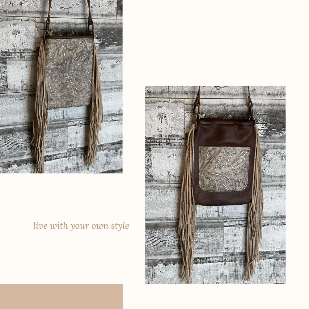 Champagne Tooled Leather Purse with Playful 12" Fringe - Image 4