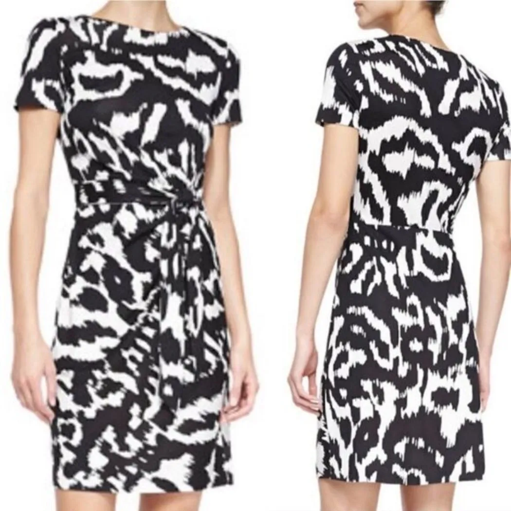 Diane on Furstenberg Zoe 100% Silk Sheath Dress Flower Ikat Black Ivory Size 2 - Image 2