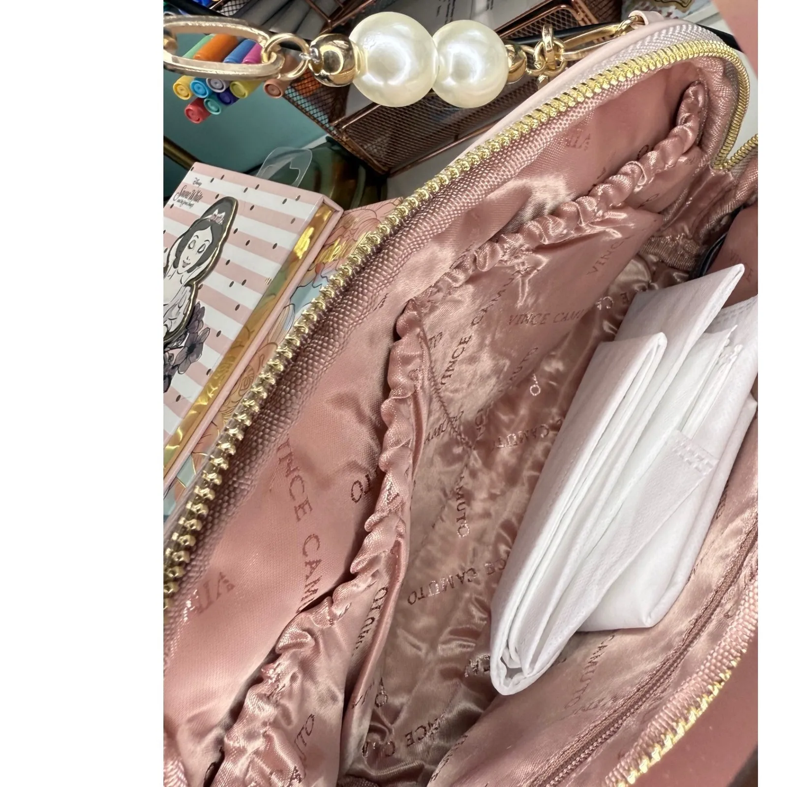 Vince Camuto Pink Quilted Heart Cosmetic Makeup Bag Travel Pouch Bow Pearl Charm - Image 7