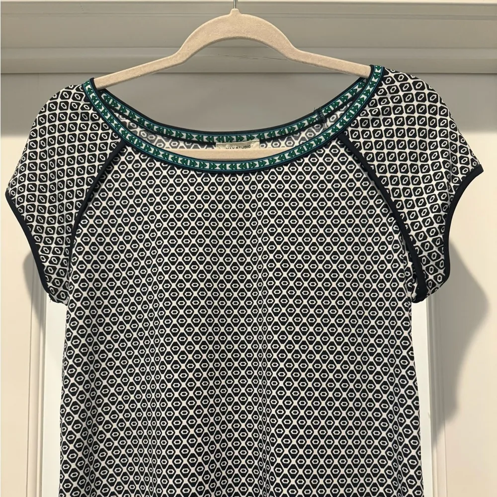 Max Studio Printed Shift Dress | Blue & Teal Border Print | Size M - Image 3