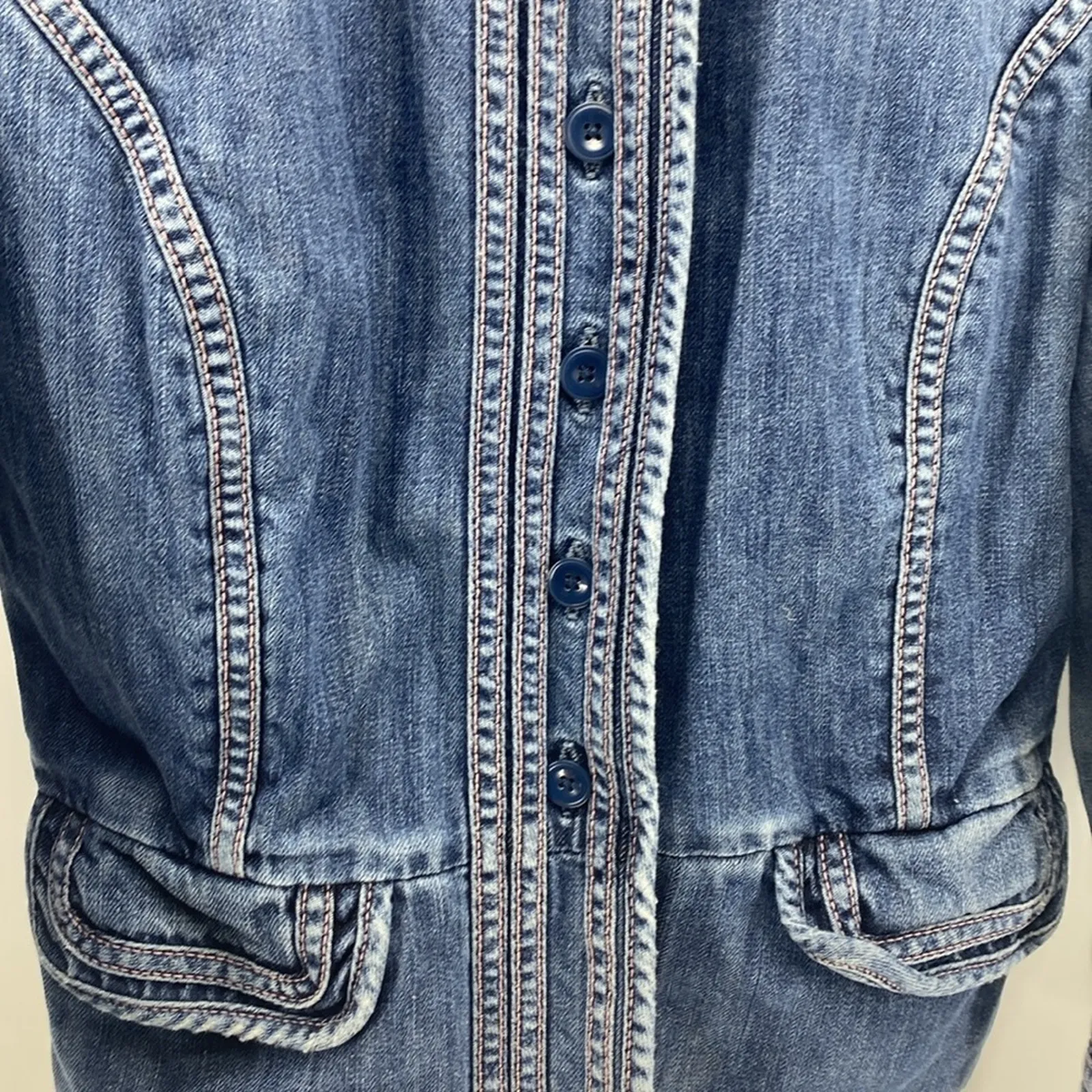 Gap denim prairie Jacket puff sleeve fitted 90s Y2K pink stitching size S - Image 8