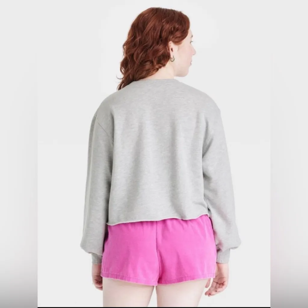 Women’s Care Bears Cheer Bear Sweatshirt Pullover Sweater Gray Cropped Sz Large - Image 2