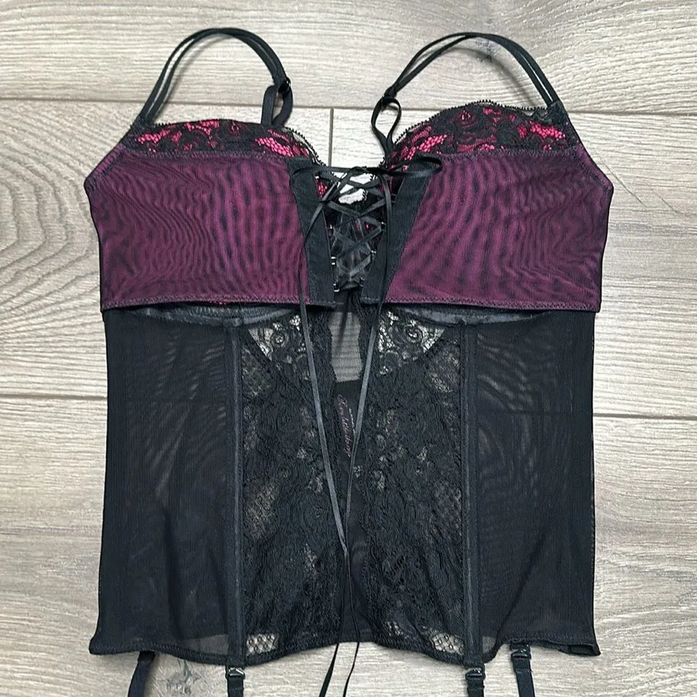 Victoria’s Secret Black And Pink Lace Garter Corset‎ Bustier Size 34C - Image 7