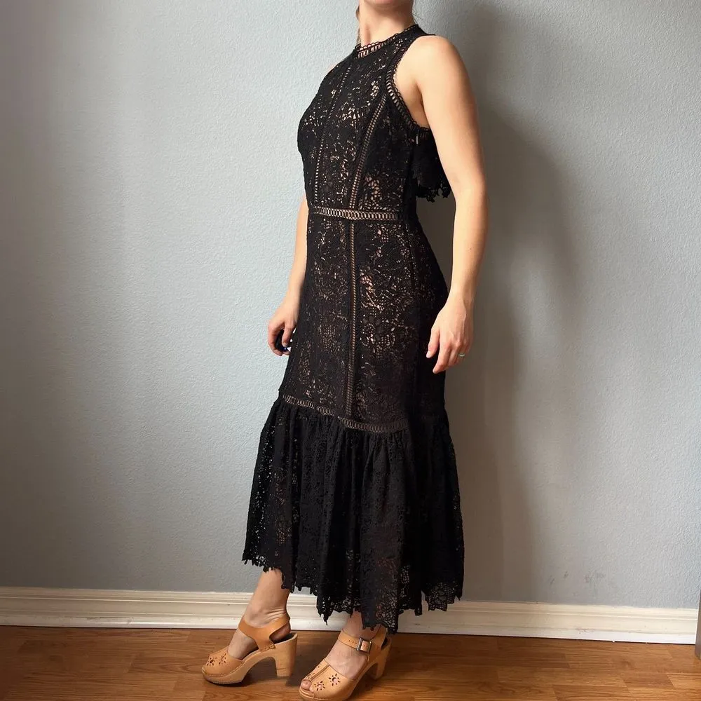 Rebecca Taylor Black Lace Cut Out Ruffle Tiered Midi Arella Dress - Image 2