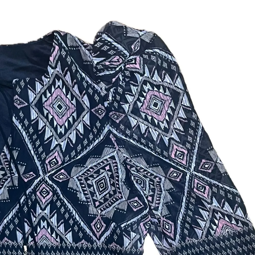 Vince Camuto Sheer Sleeve Geo Print Split Tie Neck Midi Dress Black Tan Sz 12 - Image 6