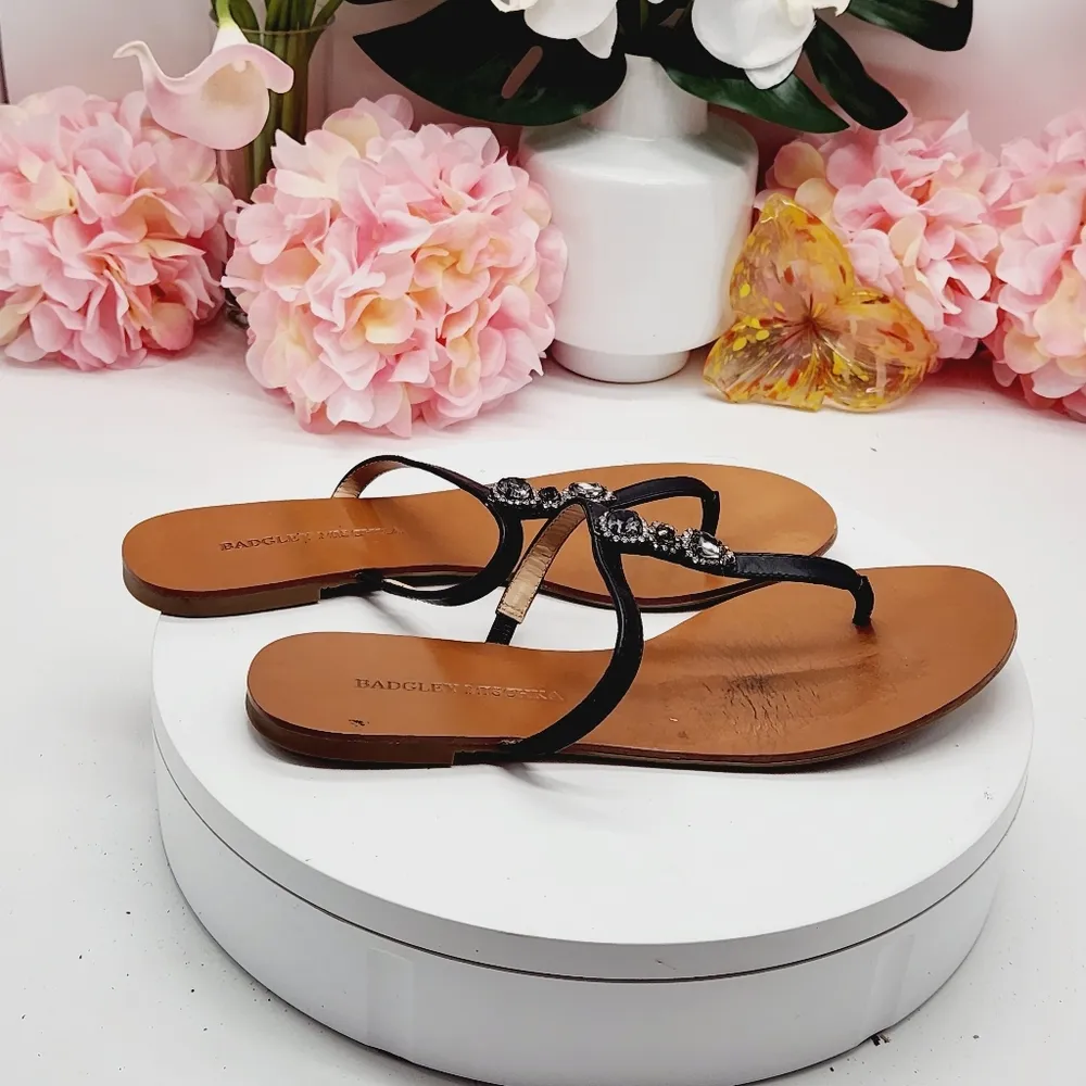 Badgley Mischka Jeweled Flats Shoes Thongs Leather Black Sz 9 - Image 10