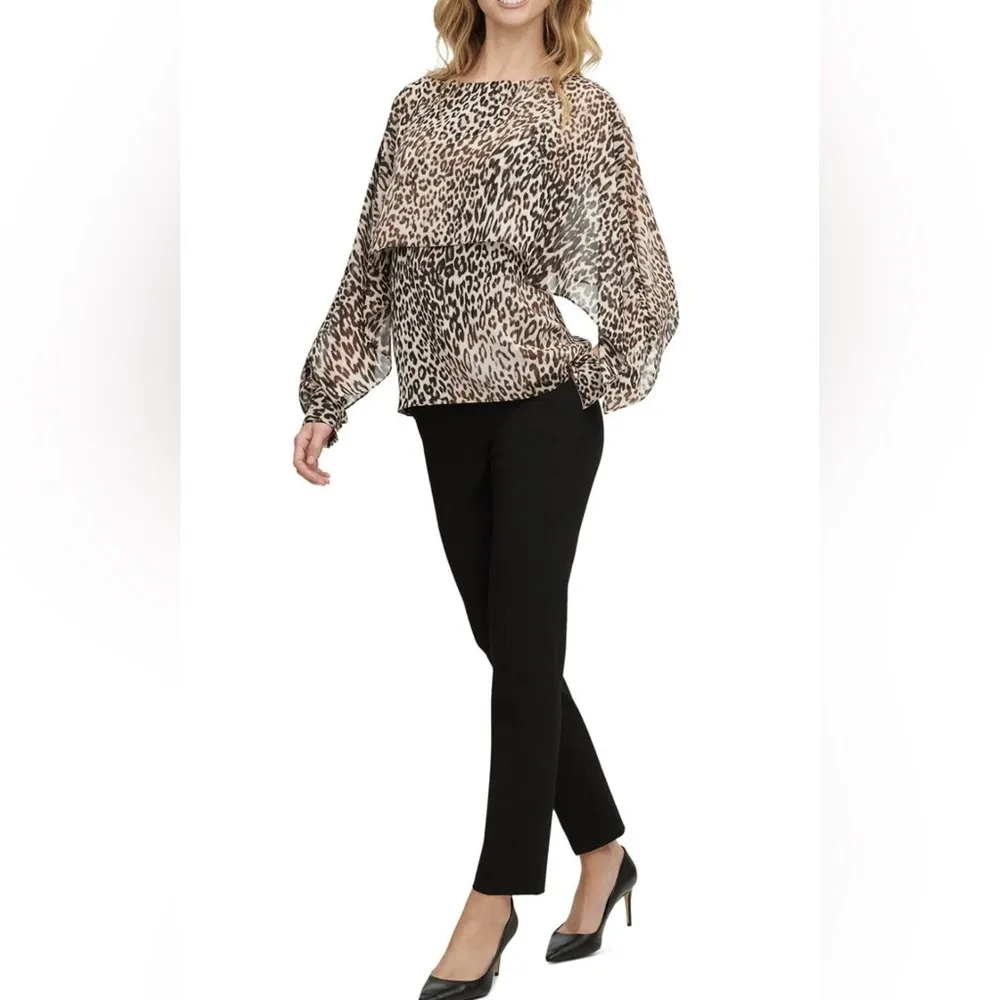 DKNY leopard print caped smocked cuff sheer office siren top NWT S mobwife - Image 3