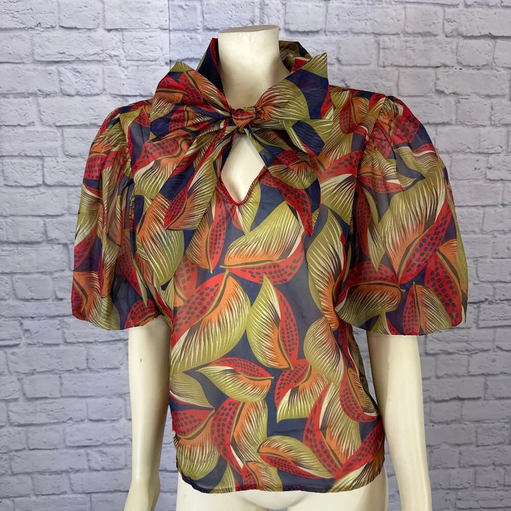 CQ by CQ Multicolored Fall Leaf short big puffy sleeved blouse size large - Image 2