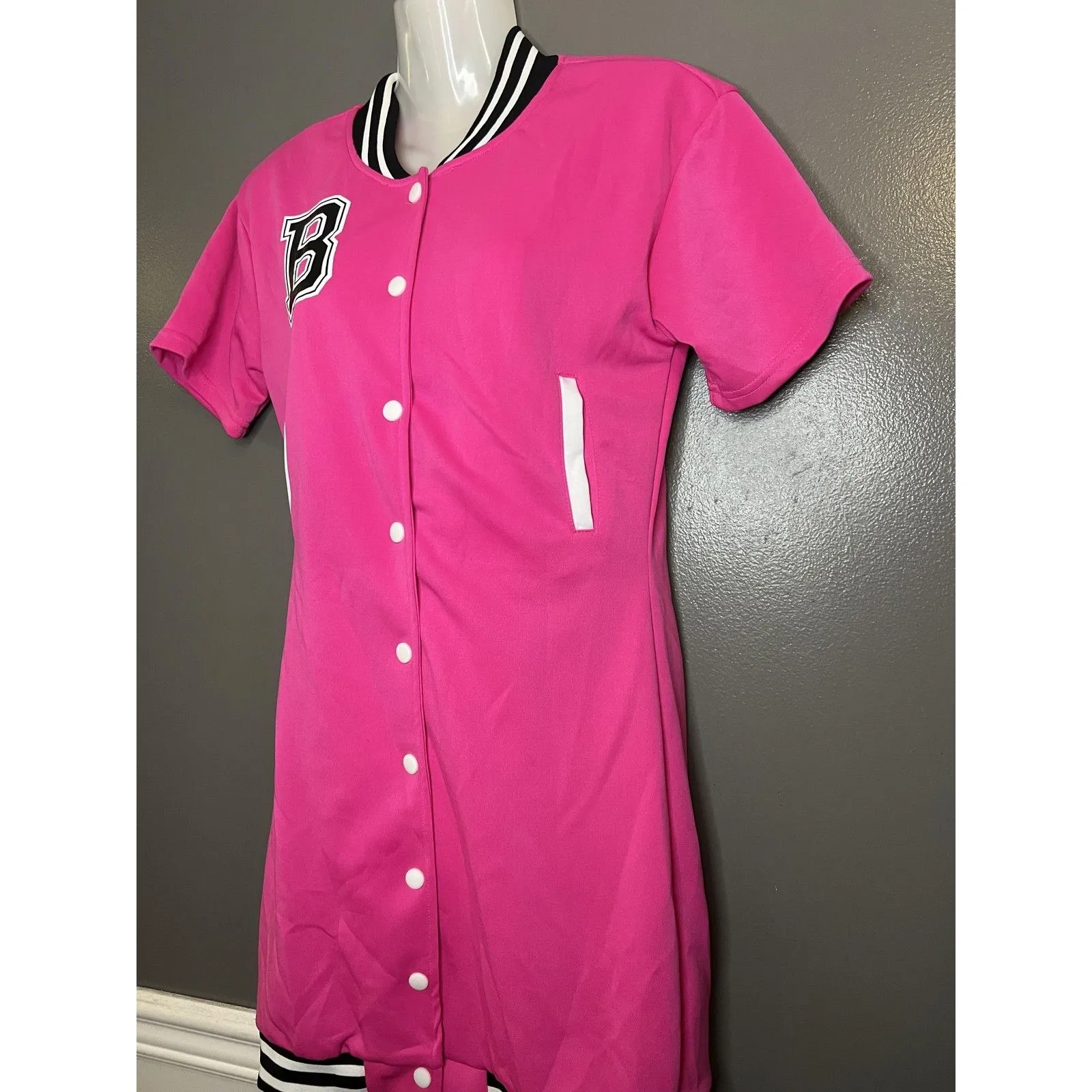 Daisy T Shirt Dress Womens Small Pink Baseball Varsity Snap Front Mini Jersey - Image 4