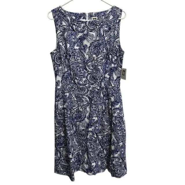 NWT Anne Klein Paisley Print Dress‎ Sleeveless Linen Blend White Blue Size 10 - Image 4