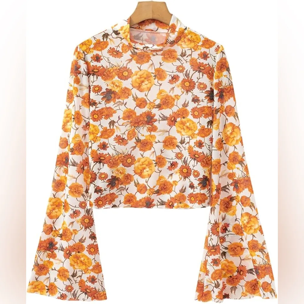 NWT Floral Mesh Mock Neck Top Bell Sleeves Size L Boho Y2K Hippie 70s Chic Orange Size L - Image 6