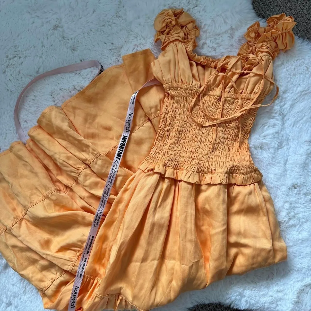 House of CB Linen Shirred Midi Sundress XS - Apricot Orange - Image 3